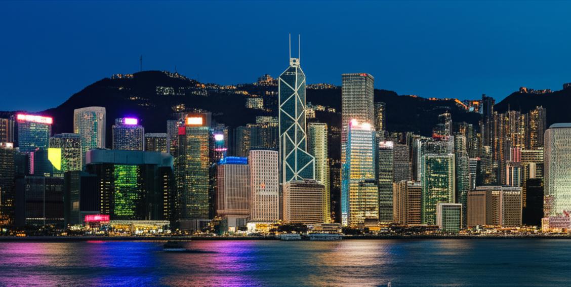 Hong Kong skyline at night, săn vé máy bay.