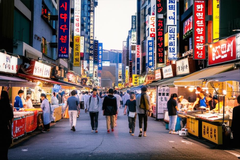 Seoul street food and vibrant Korean signage.