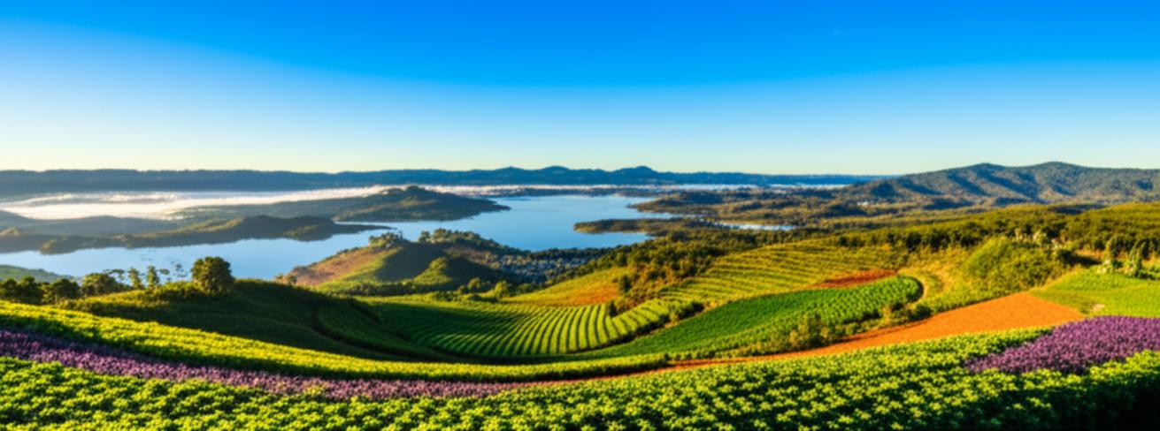 Săn Vé Máy Bay Đi Đà Lạt Giá Rẻ: Ưu Đãi HOT Nhất! 1 Đà Lạt panoramic view, golden hour, rolling hills.