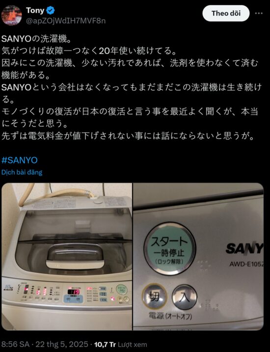 Bài đăng về máy giặt SANYO dùng 20 năm không hỏng 1 lần nào thu hút hơn 10 triệu lượt xem 1 Bài đăng về máy giặt SANYO dùng 20 năm không hỏng 1 lần nào thu hút hơn 10 triệu lượt xem