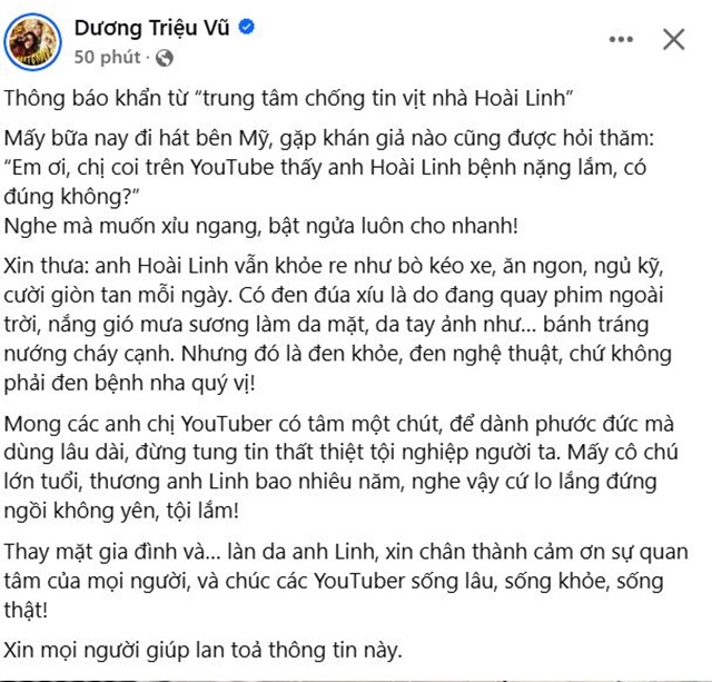 Gia đình thông tin nóng về tình hình sức khỏe hiện tại của Hoài Linh , ‘cầu xin’ CĐM 1 điều 1 Gia đình thông tin nóng về tình hình sức khỏe hiện tại của Hoài Linh , ‘cầu xin’ CĐM 1 điều