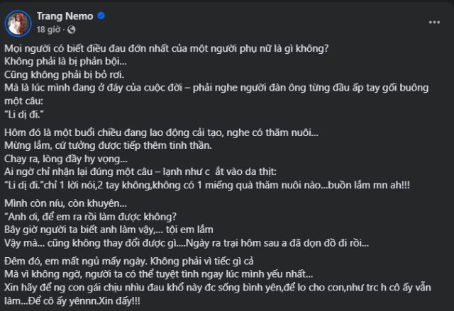 Trang Nemo tố chồng bỏ rơi, đòi li hôn khi cô vào trại, tiết lộ sốc về cuộc sống sau khi ra tù 1 Trang Nemo tố chồng bỏ rơi, đòi li hôn khi cô vào trại, tiết lộ sốc về cuộc sống sau khi ra tù