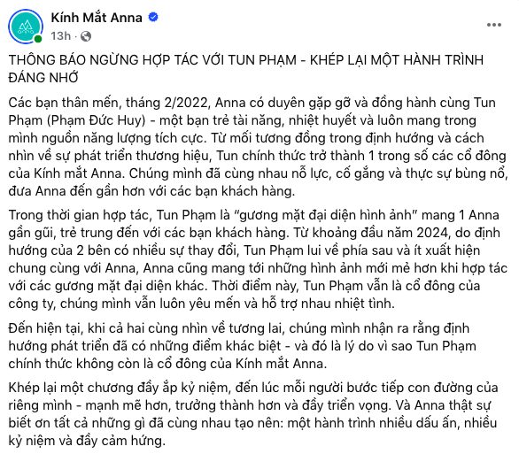 Kính mắt Anna ngừng hợp tác với Tun Phạm, khẳng định không còn là cổ đông, vì sao lại 'đường ai nấy đi'? 1 Kính mắt Anna ngừng hợp tác với Tun Phạm, khẳng định không còn là cổ đông, vì sao lại 'đường ai nấy đi'?